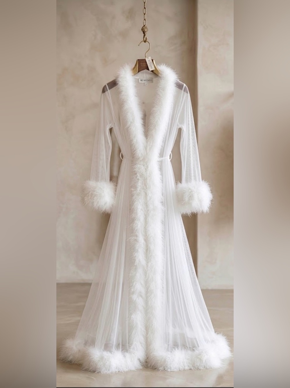 White Sheer Marabou Trim Robe Bridal Be Wicked NWT